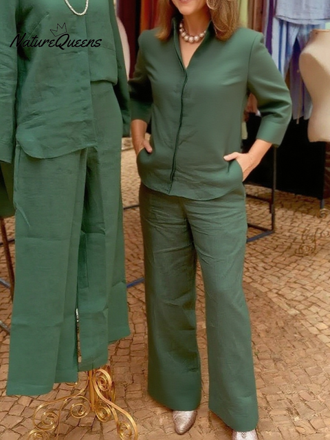 Women's Solid Color Linen Shirt and Pants Two-piece Set