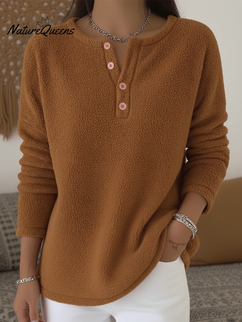 Women's Soft Solid Henley Neck Polar Fleece Top
