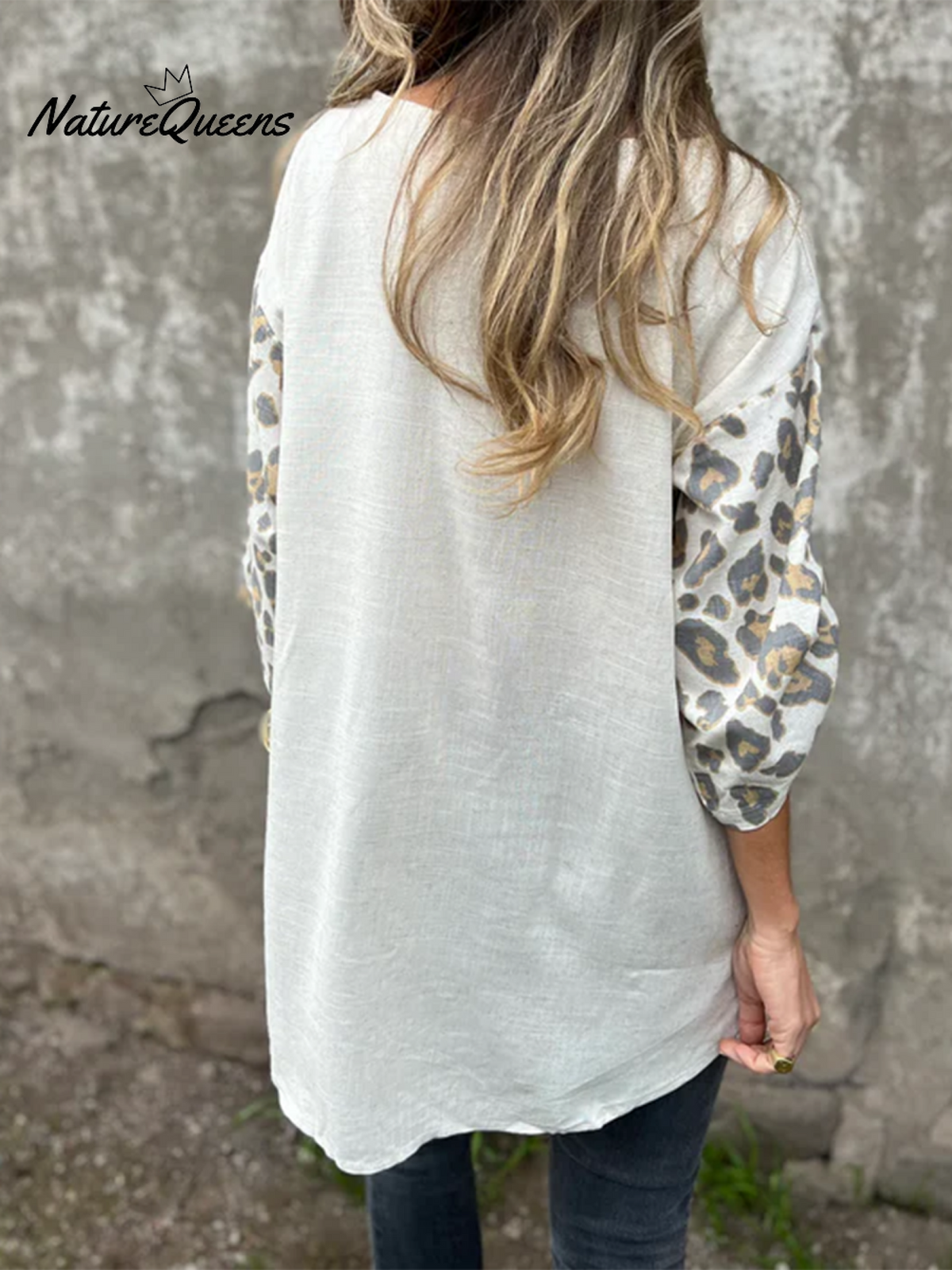 Leopard Print Long-sleeved Cotton and Linen Top
