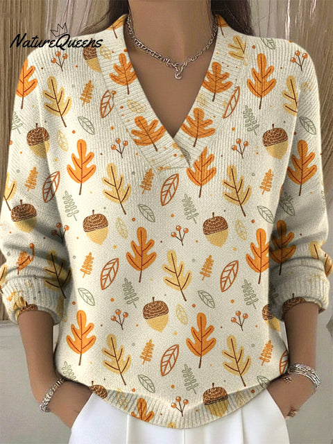 Forest Autumn Pine Cone Leaf Print V-Neck Sweater Top