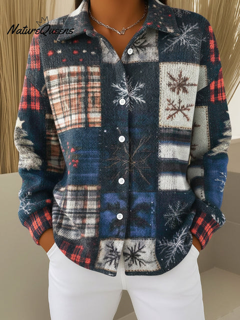 Blue Snowflake Plaid Patchwork Print Button-Down Cardigan Sweater