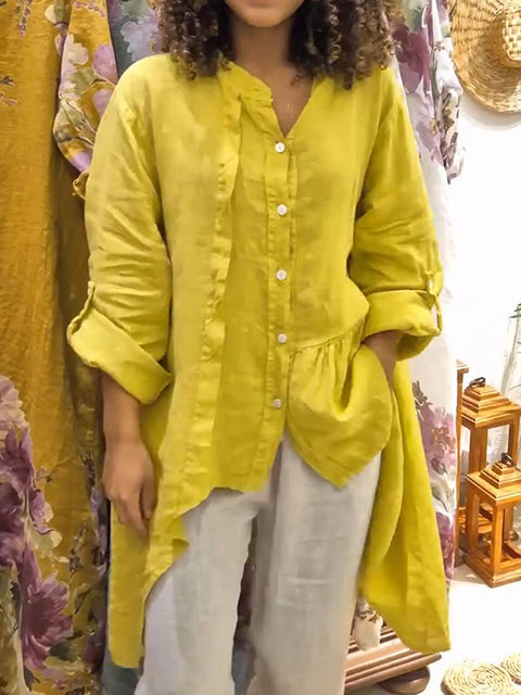 Irregular Hem Cotton and Linen Long-sleeved Top