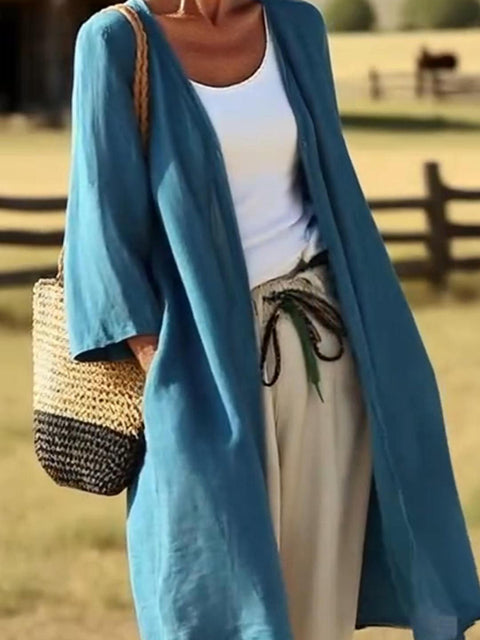 Women's Solid Color Cotton and Linen Mid-length Cardigan