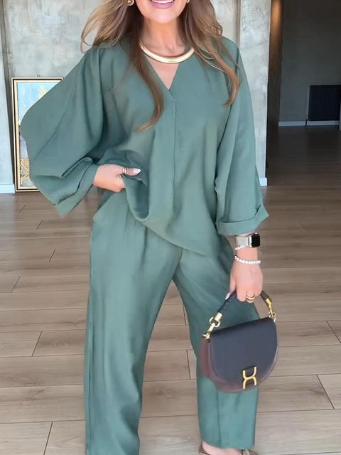 Casual Solid Color V-neck Top and Pants Two-piece Set