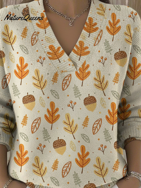 Forest Autumn Pine Cone Leaf Print V-Neck Sweater Top