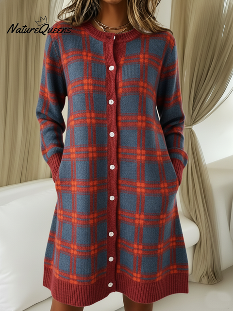 Retro Round Neck Button Contrast Plaid Print A-line Dress