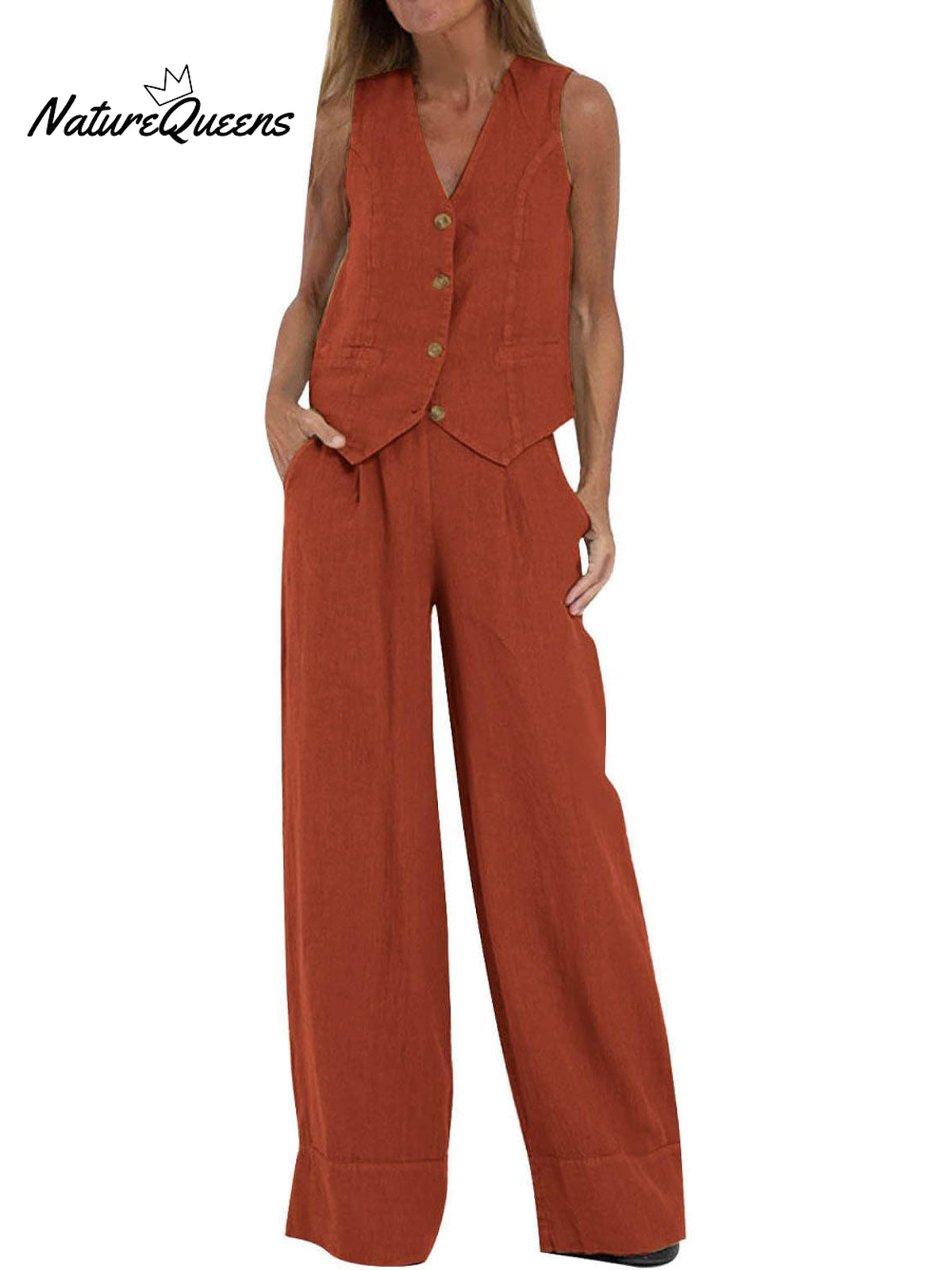 Women's Fashion Solid Color Vest Trousers Collage Stitching Cotton and Linen Casual Suit