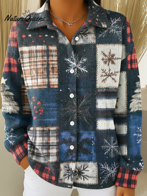 Blue Snowflake Plaid Patchwork Print Button-Down Cardigan Sweater