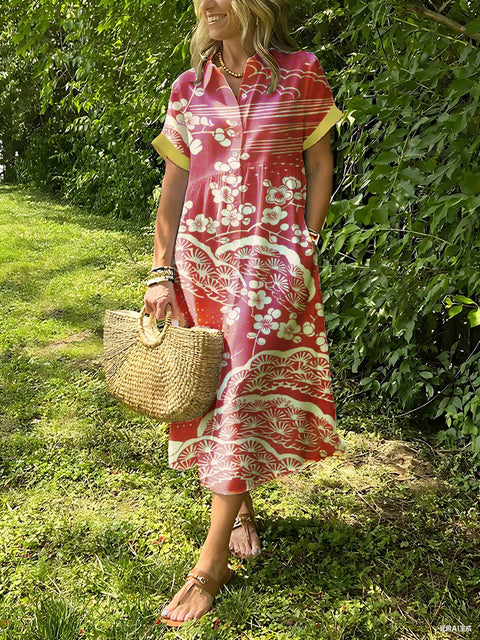 Floral Print Lapel Button Up Maxi Shirt Dress