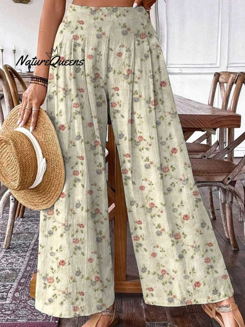 Women's Elegant Simple Floral Pattern Cotton and Linen Pants