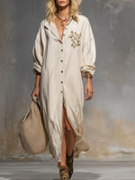 Loose Single-breasted Floral Embroidered Cotton And Linen Long-sleeved Maxi Dress