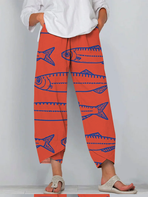 Japanese Red Sardines Art Print Cropped Pants