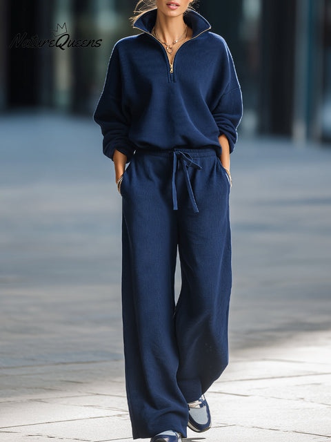 Navy Blue Waffle-Knit Half-Zip Loungewear Set