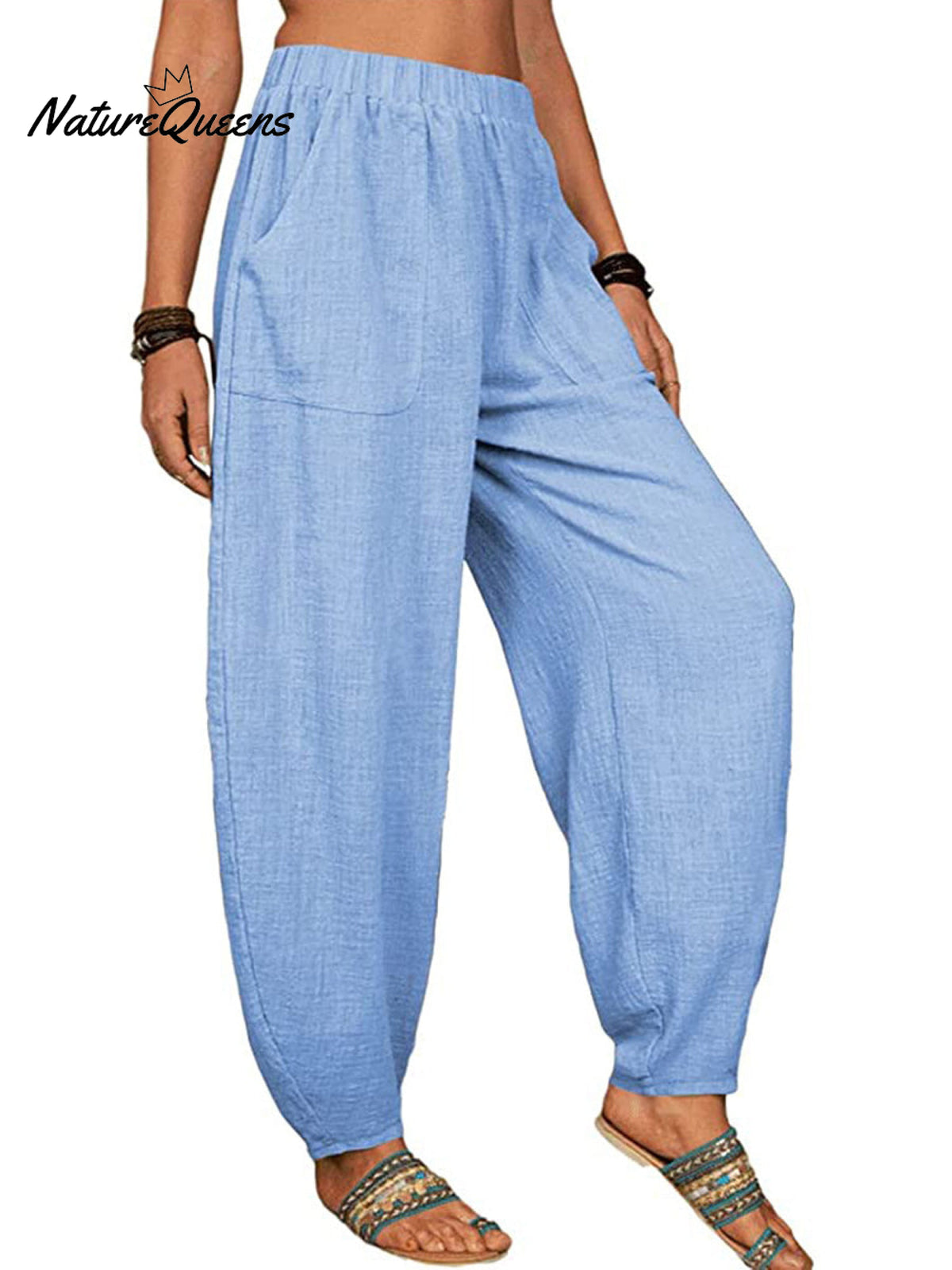 Casual Plain Loose Cotton Harem Pants Sky Blue / S