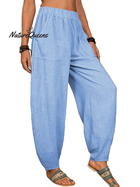 Casual Plain Loose Cotton Harem Pants Sky Blue / S