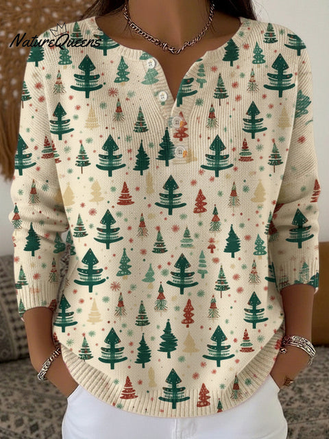 Artistic Christmas Tree Print Henley Neck Sweater Top