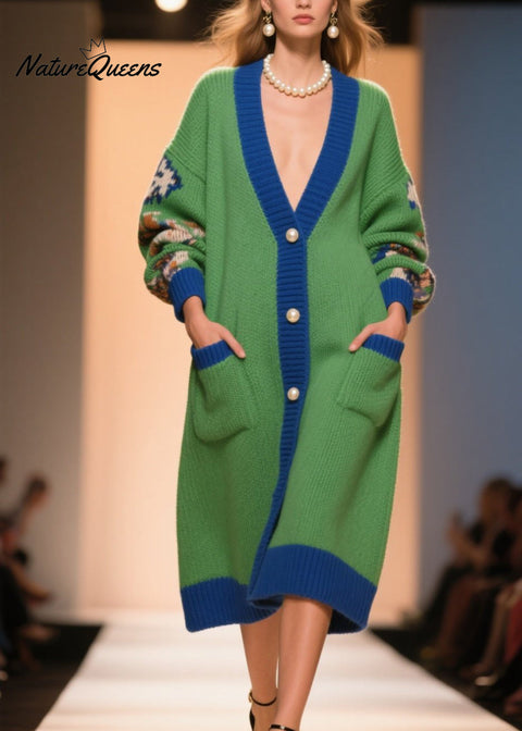 Beautiful Green V Neck Print Button Knit Loose Coat Winter