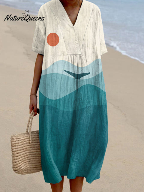 Women's Sun & Ocean Art Linen V-neck Dress