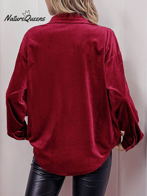 Women'S Casual Lapel Long-Sleeved Velvet Top