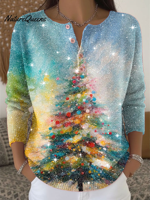 Christmas Tree Pattern Print Henley Neck Sparkling Sequin Sweater