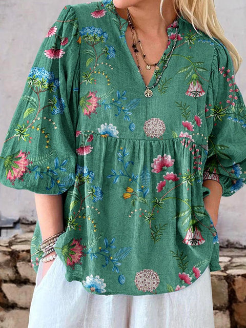 Women's Elegant Simple Rose Floral Pattern Linen Top