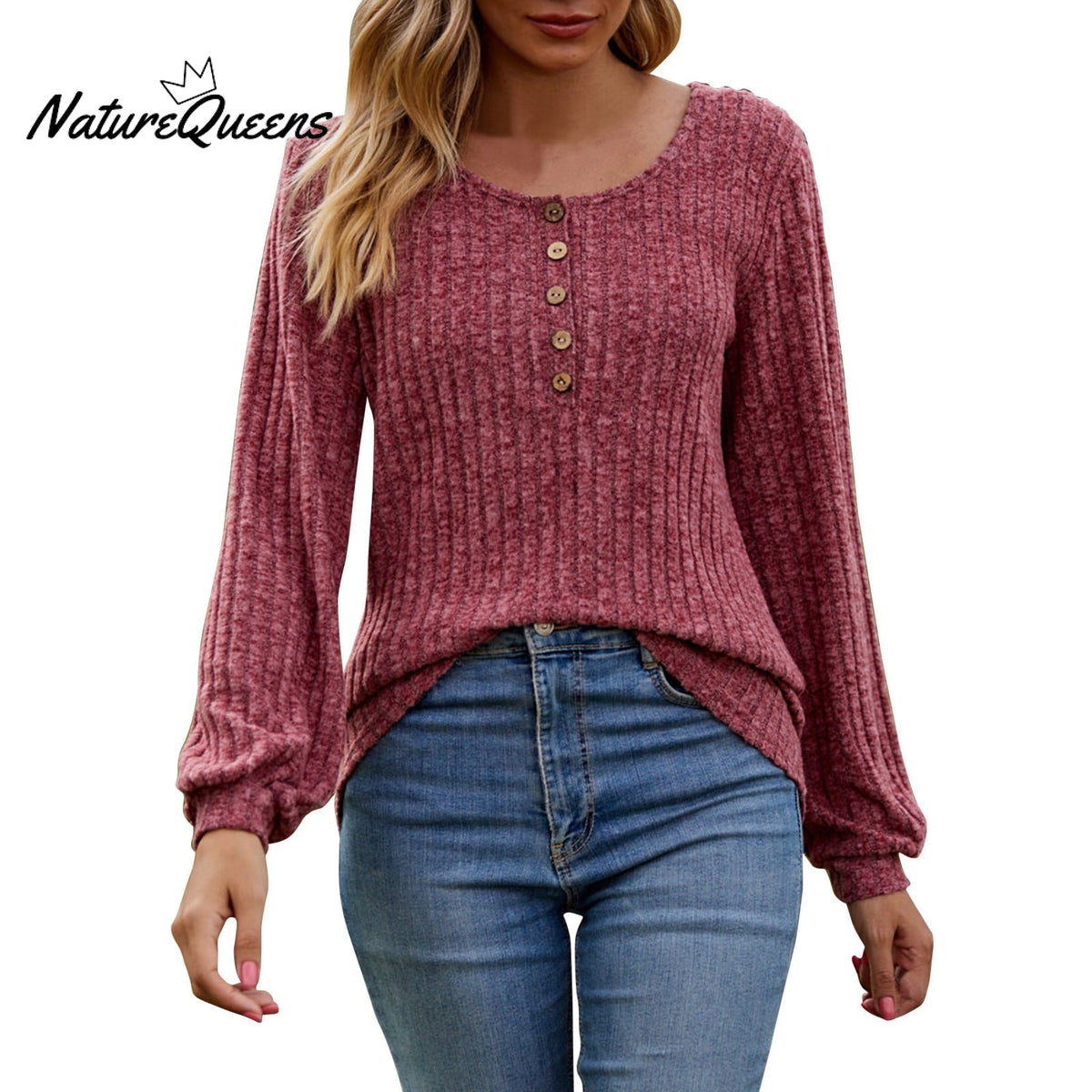 Women's Fall Button Scoop Neck Puff Long Sleeve Henley Shirts