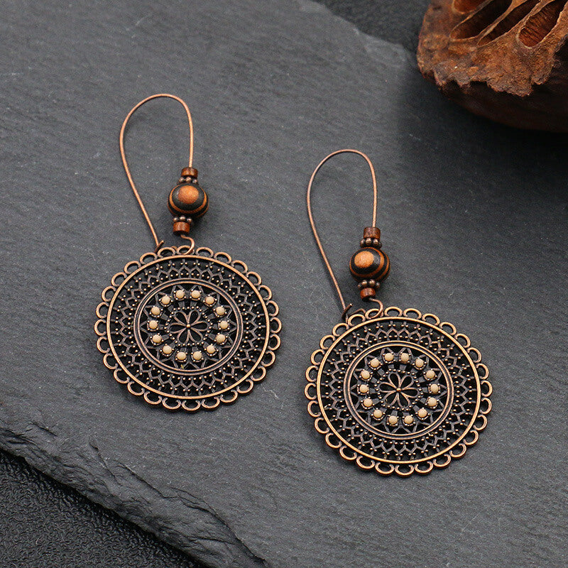Retro Fashion Round Flower Rhinestone Wooden Beads Ethnic Style Earrings