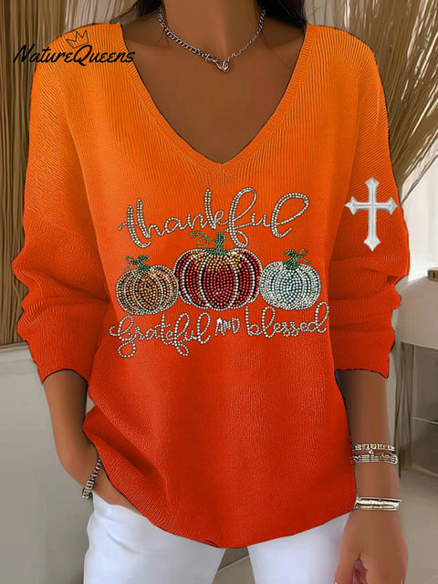 Women's Grateful Thankful Blessed Print V Neck Sweater