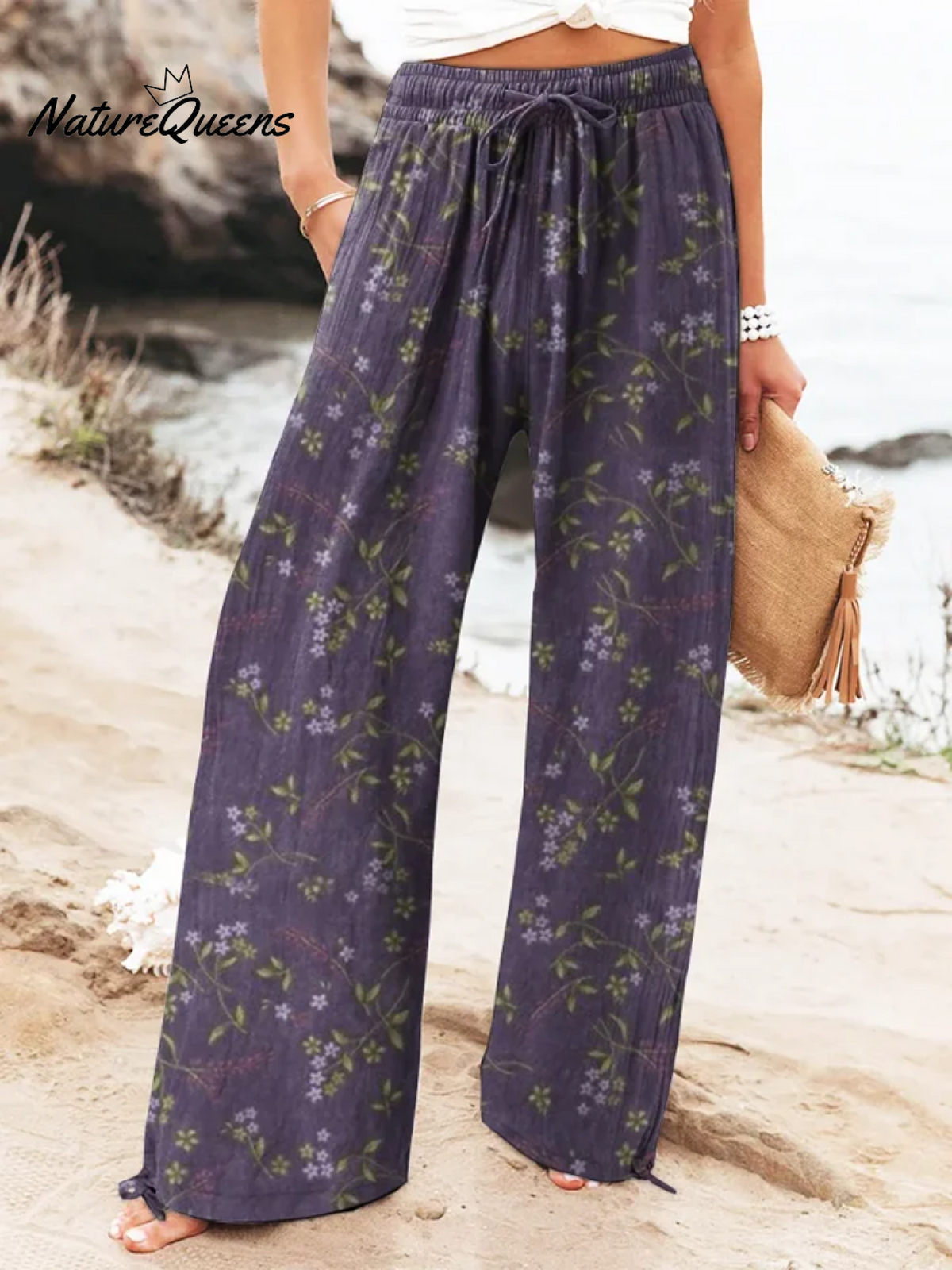 Bohemian Holiday Floral Print Linen Long Loose Wide-leg Pants