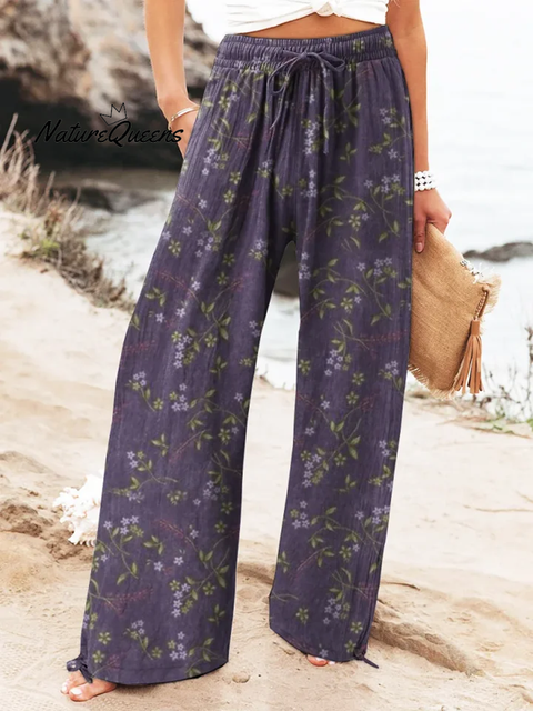 Bohemian Holiday Floral Print Linen Long Loose Wide-leg Pants