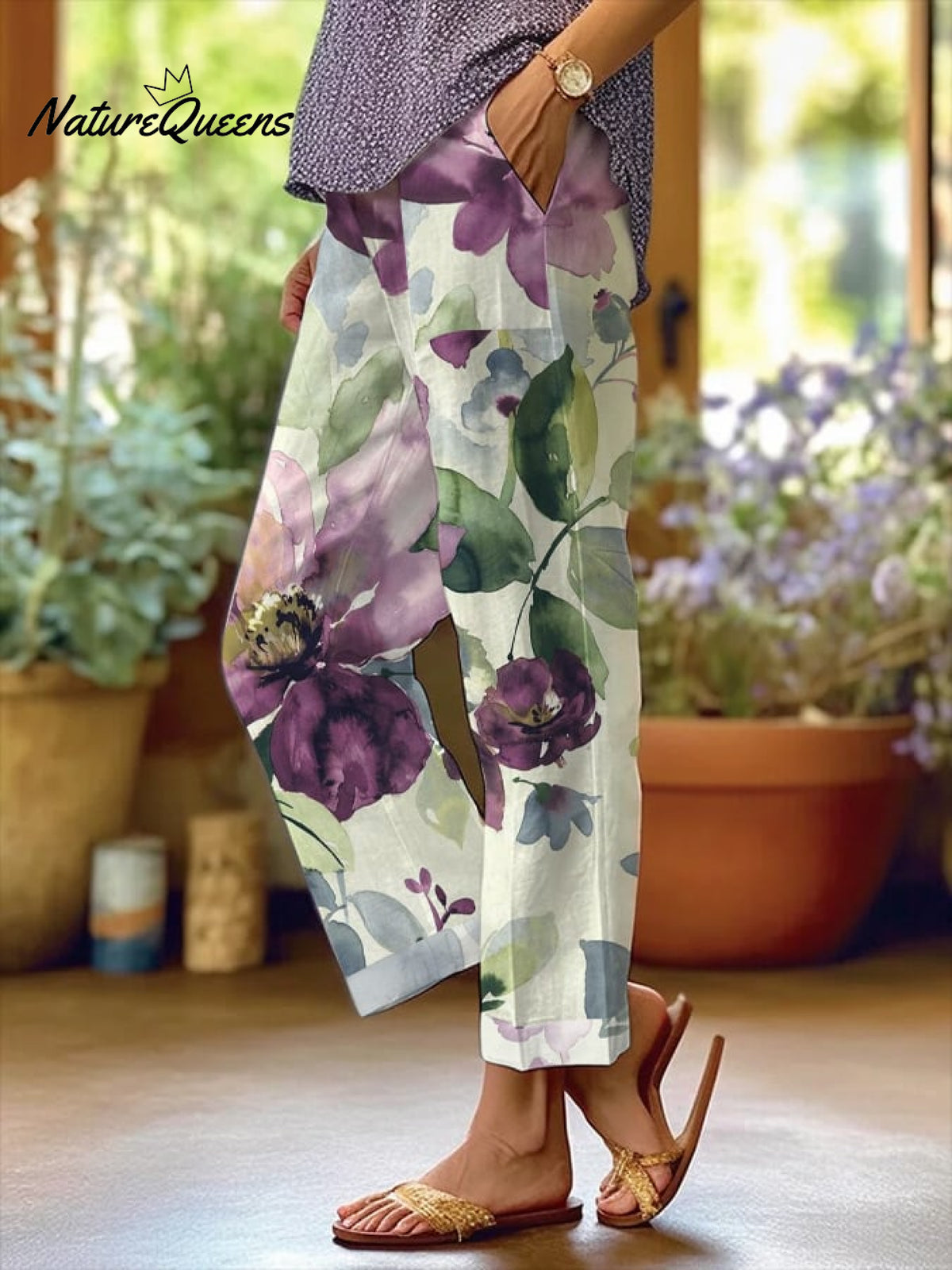 Women’s Botanical Floral Design Loose Pocket Patchwork Casual Pants As Shown / S