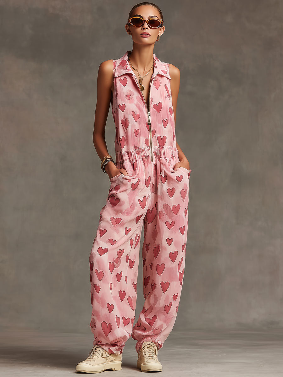 Retro Pink Heart Chiffon Sleeveless Wide-Leg Jumpsuit