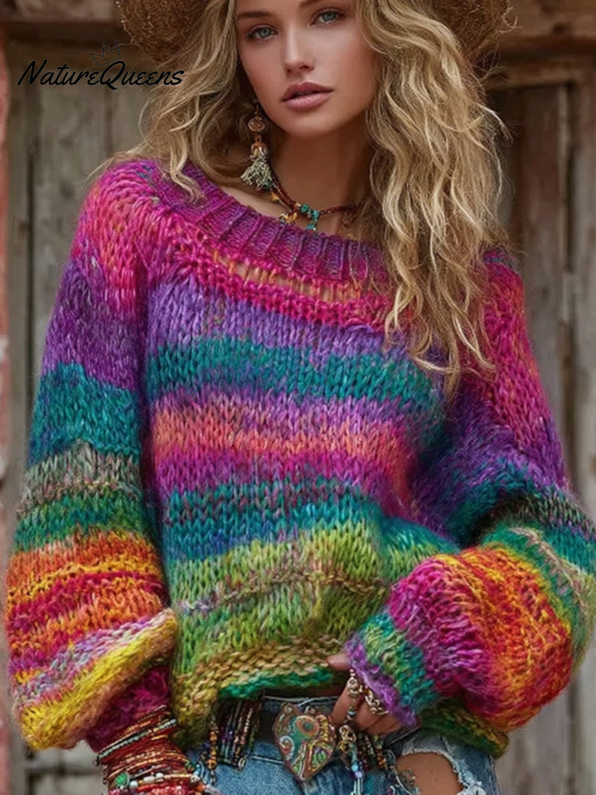 Women's Vintage Rainbow Stripes Knit Pullover Sweater