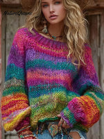 Women's Vintage Rainbow Stripes Knit Pullover Sweater