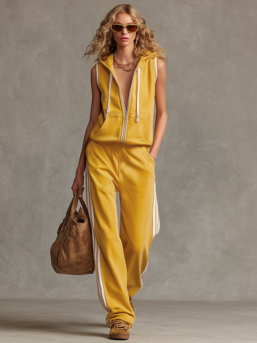 Sporty Retro Striped Yellow Cotton Blend Sleeveless Hooded Sweatshirt And Pants Set