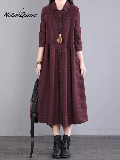 Plus Size Women Autumn Commute Solid Button Loose Dress