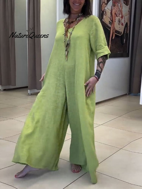 Women's Casual Solid Color V-Neck Mid-Sleeve Cotton and Linen Jumpsuit