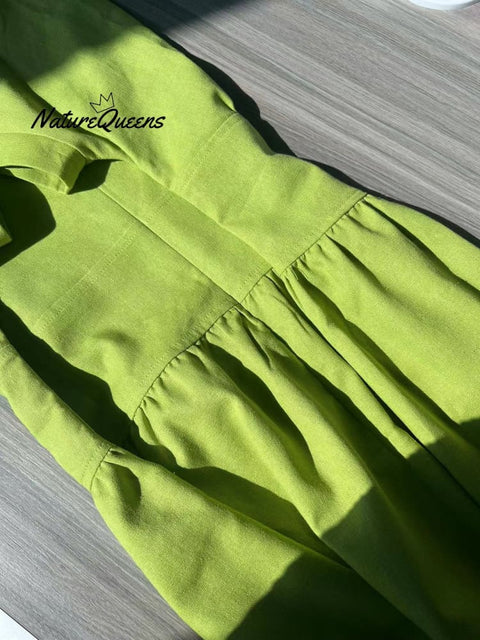 2023 New Linen Grass Green Midi Dress