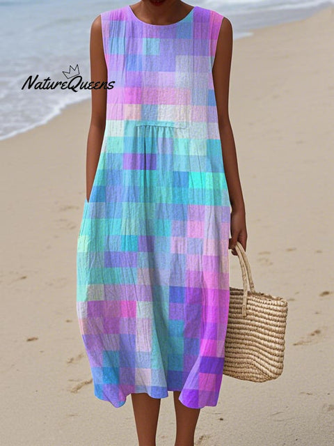 Women's Retro Colorful Plaid Print Cotton and Linen Dress