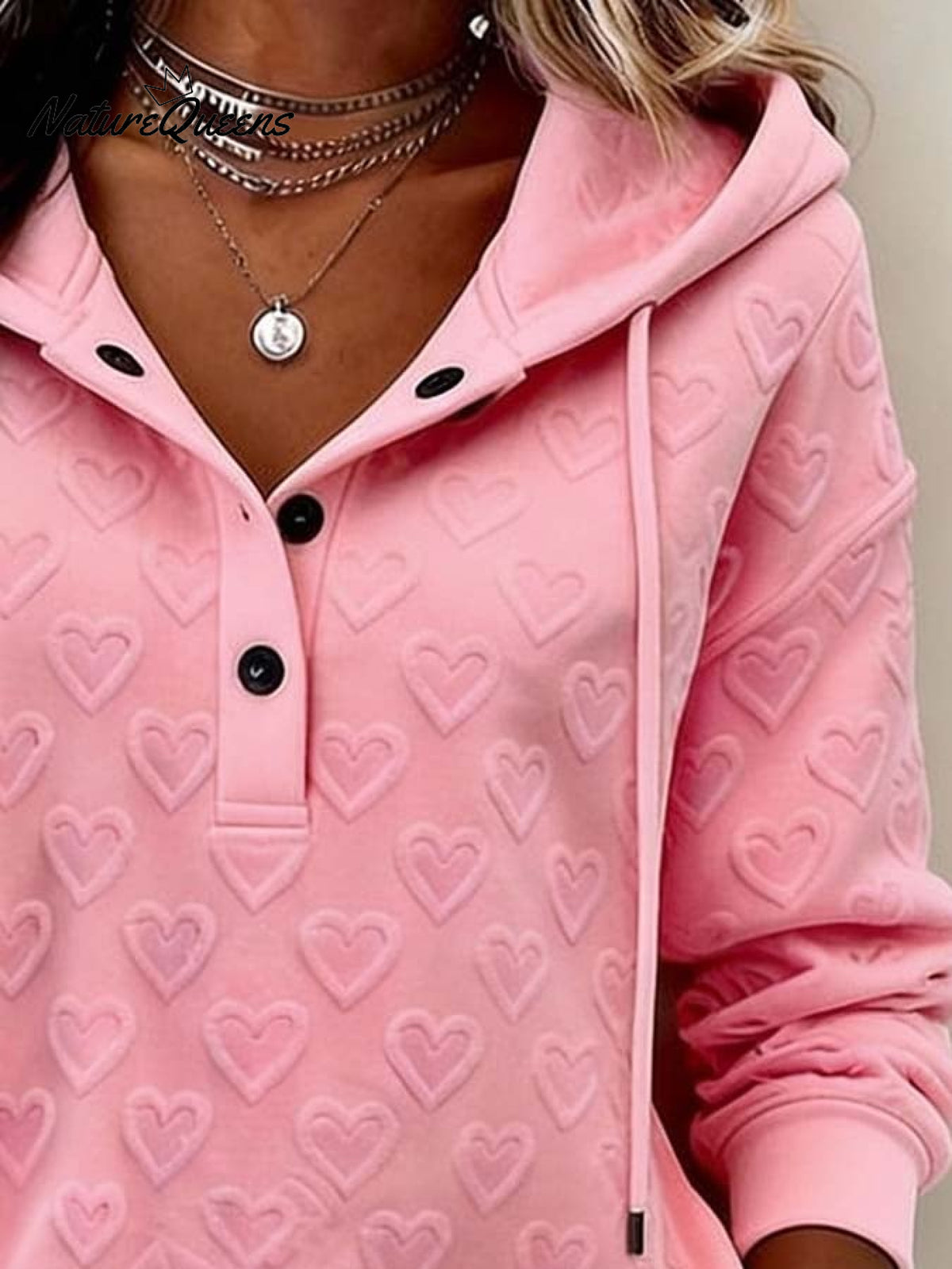 Women'S Casual Heart-Patterned Hooded Pullover Sweatshirt