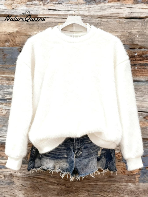 Women's Casual Solid Color Flannel Long Sleeve Sweatshirt