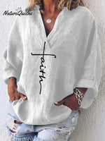 Women's Faith Printed Casual Long Sleeve V-Neck Cotton And Linen Shirt