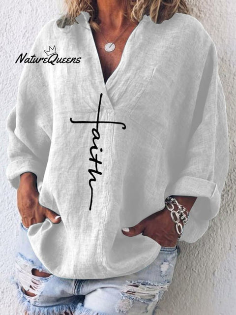 Women's Faith Printed Casual Long Sleeve V-Neck Cotton And Linen Shirt