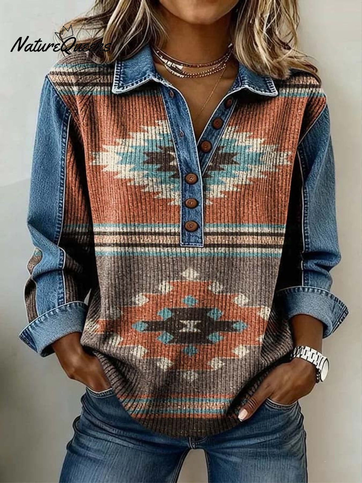 Women'S Casual Color-Block Printed Patchwork Pullover Sweatshirt
