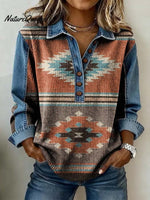 Women'S Casual Color-Block Printed Patchwork Pullover Sweatshirt