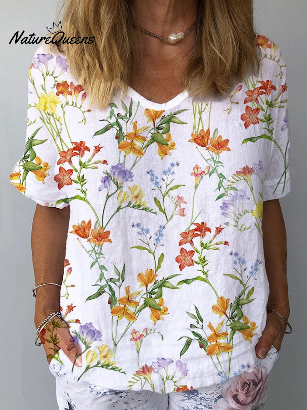 Women’s Floral Print Short Sleeve Top White / S