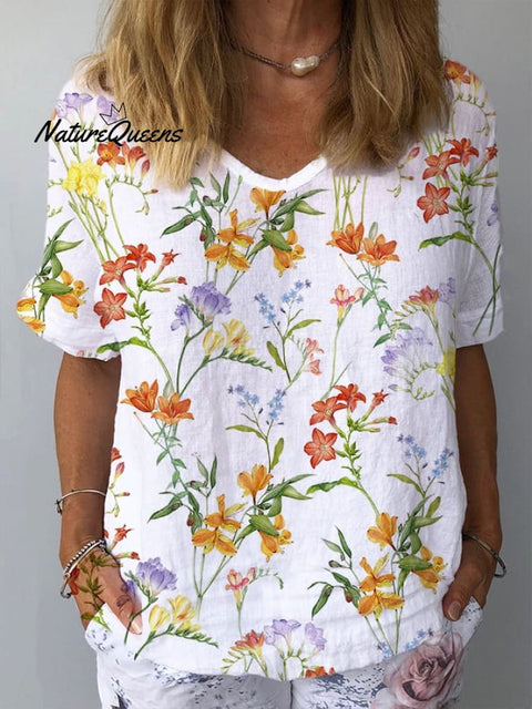 Women’s Floral Print Short Sleeve Top White / S