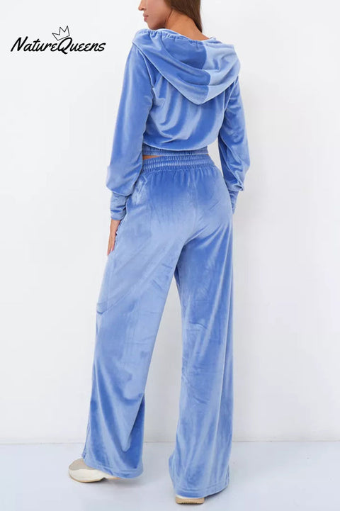 Solid Color Velvet Hooded Zip-up Sweatshirt and Elastic Waist Casual Pocket Straight-leg Pants Set