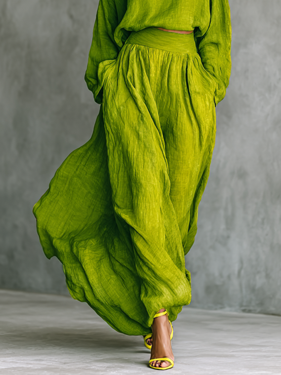 Women's Green Turtleneck Cotton And Linen Blend Suit