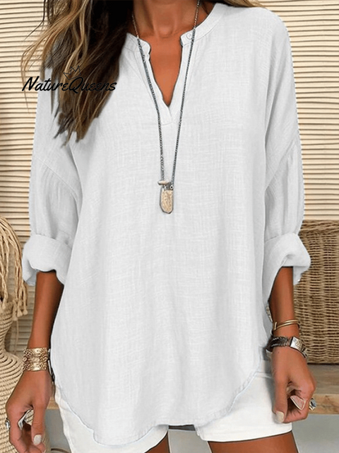 Women’s Cotton Long Sleeve Round Neck Solid Color Loose Beach Shirt White / S